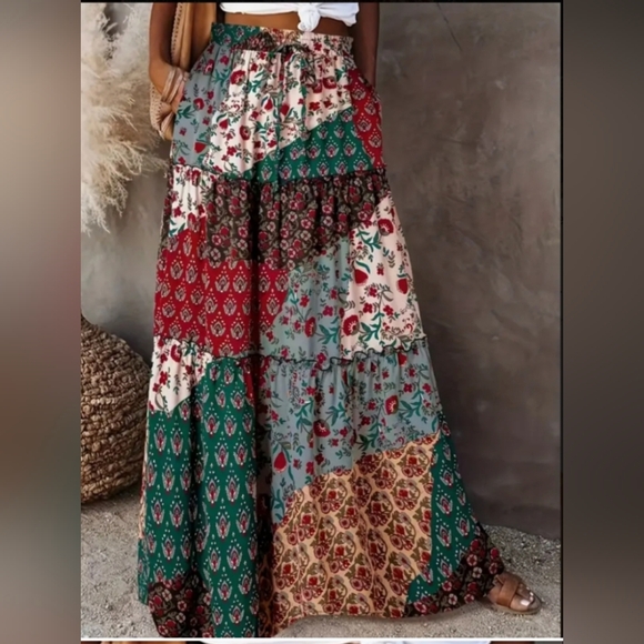 Bohemian Skirt With Pockets Long Green Red Brown Elastic Waist Boho Maxi Skirts - Picture 2 of 8